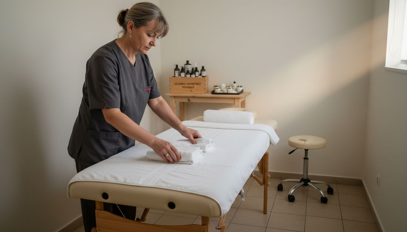 Terapeutul aranjează patul de masaj și pregătește tot ce este necesar pentru ședință.