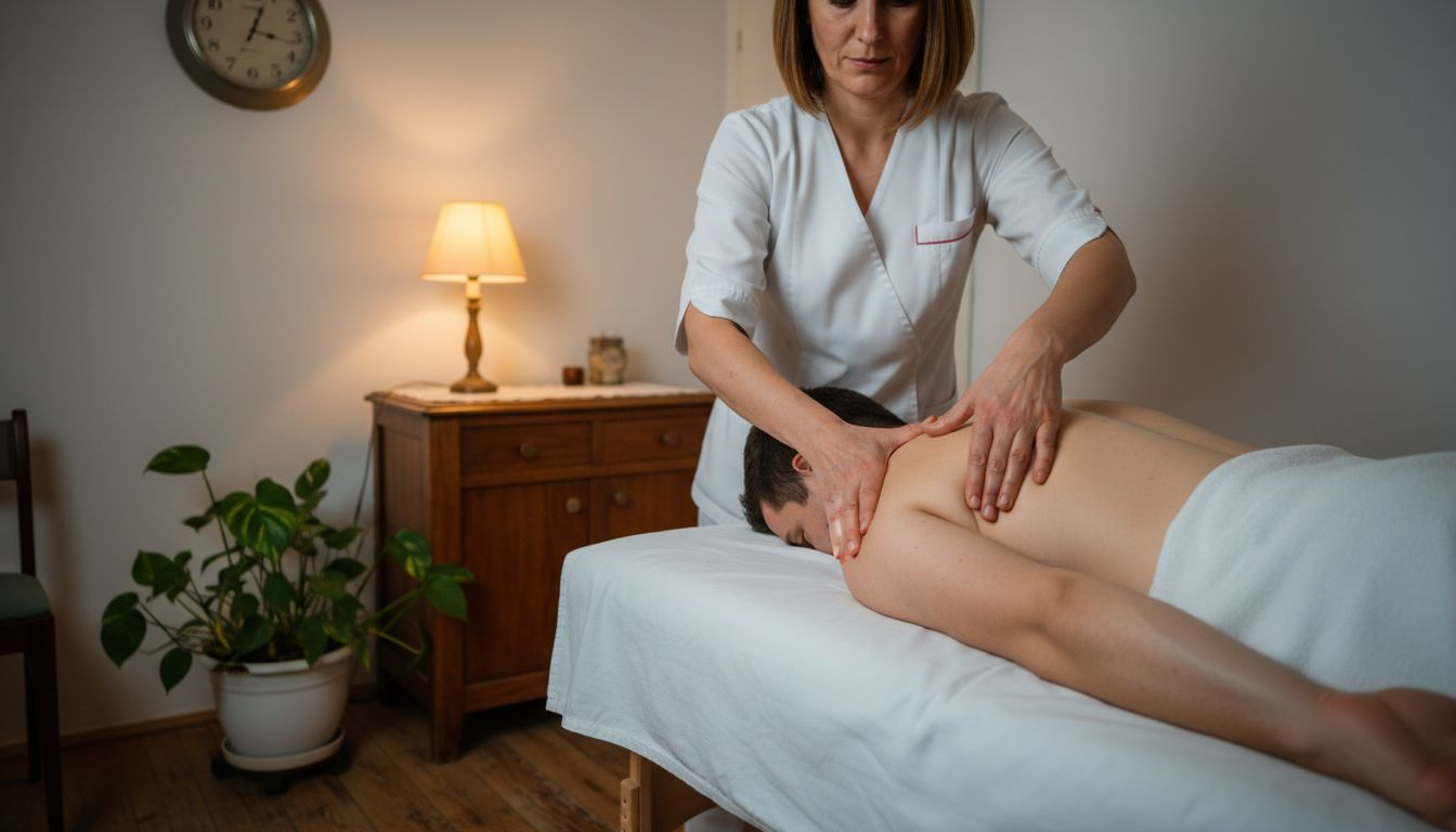 Terapeutul masează umărul pacientului folosind tehnici de frământare.