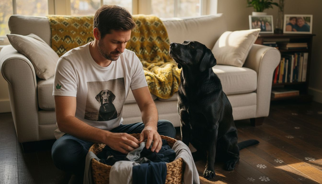 Zu Hause mit meinem Labrador und einem T-Shirt, das unser gemeinsames Foto zeigt.