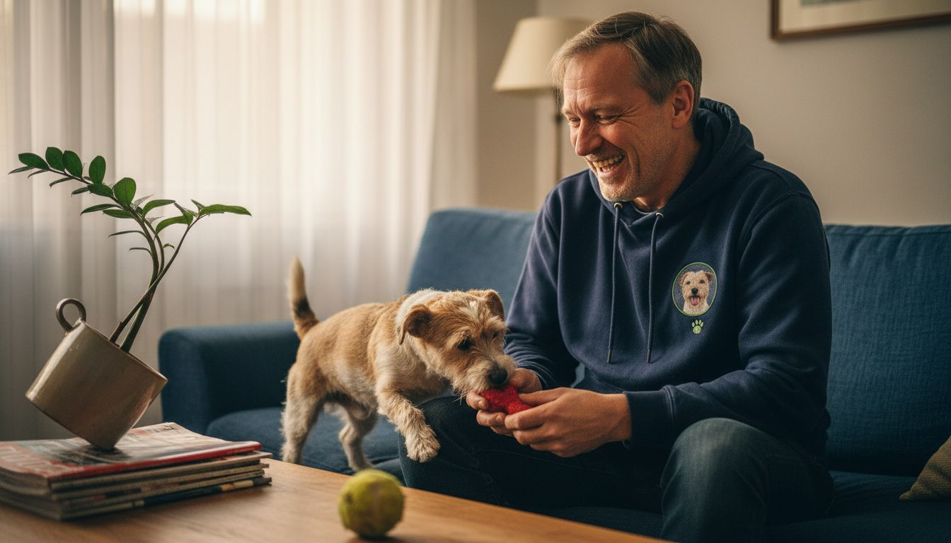 Ein Mann entspannt sich zuhause mit seinem Hund und trägt dabei einen individuell gestalteten Hoodie.