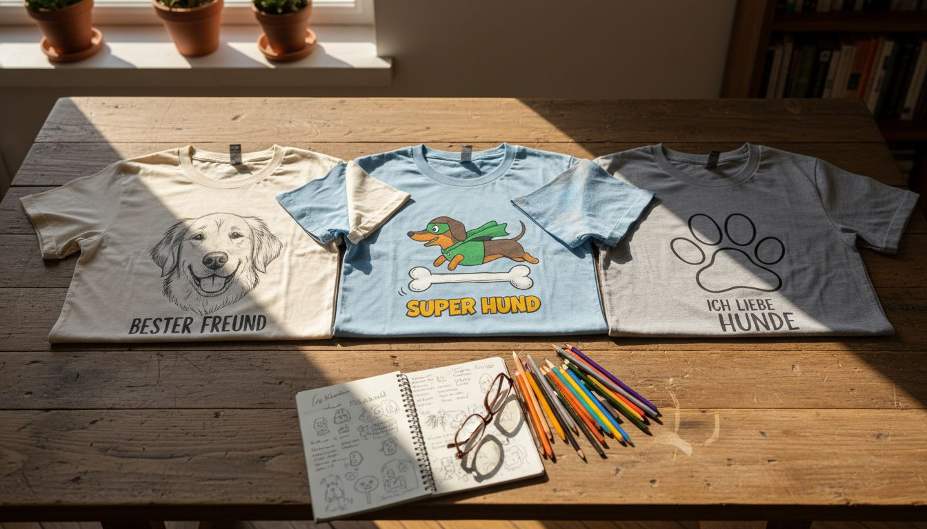 Auf dem Tisch liegen mehrere T-Shirts mit niedlichen Hundemotiven.