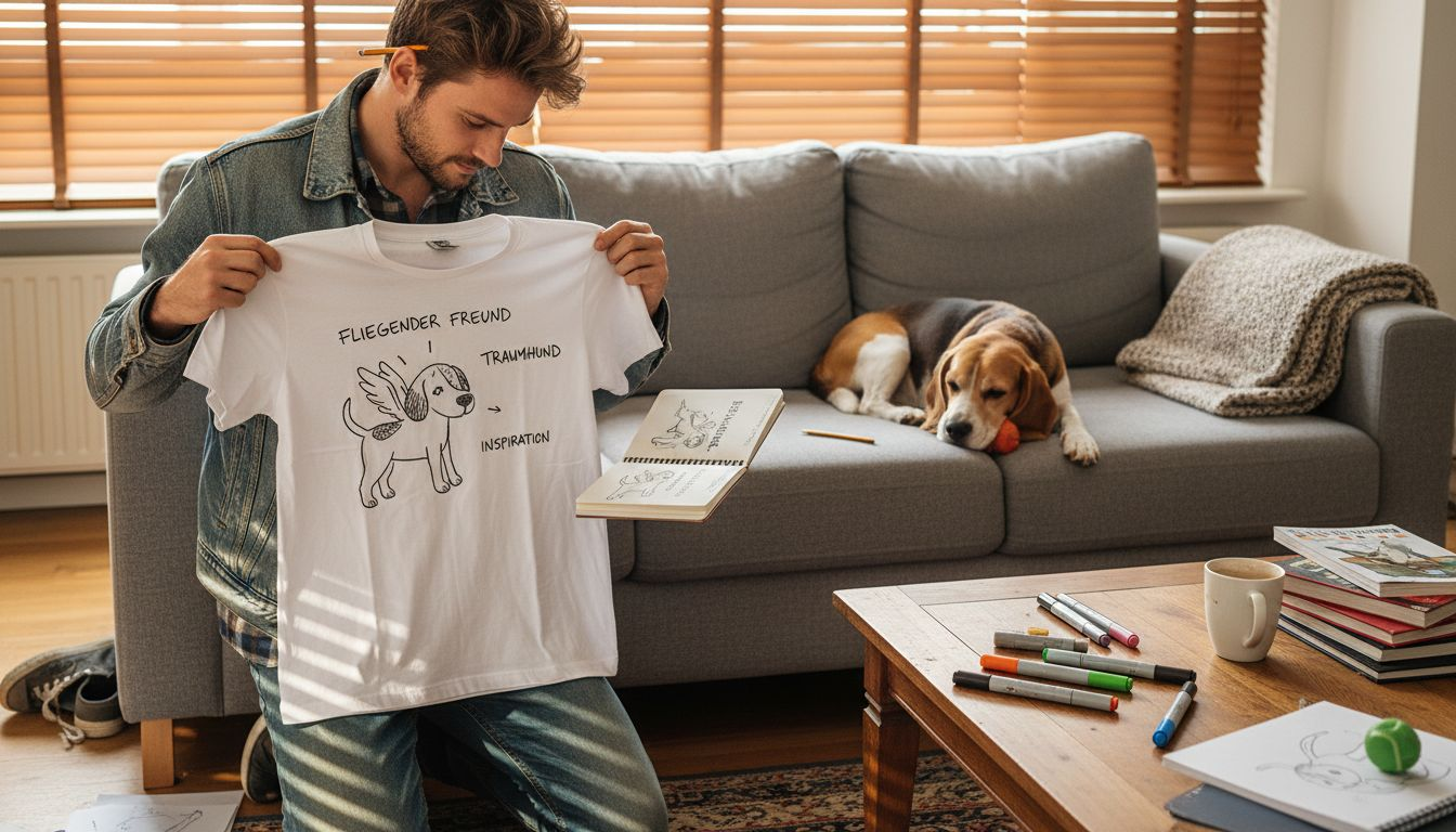 Ein Mann entwirft ein T-Shirt, auf dem ein Hund gemütlich auf dem Sofa liegt.