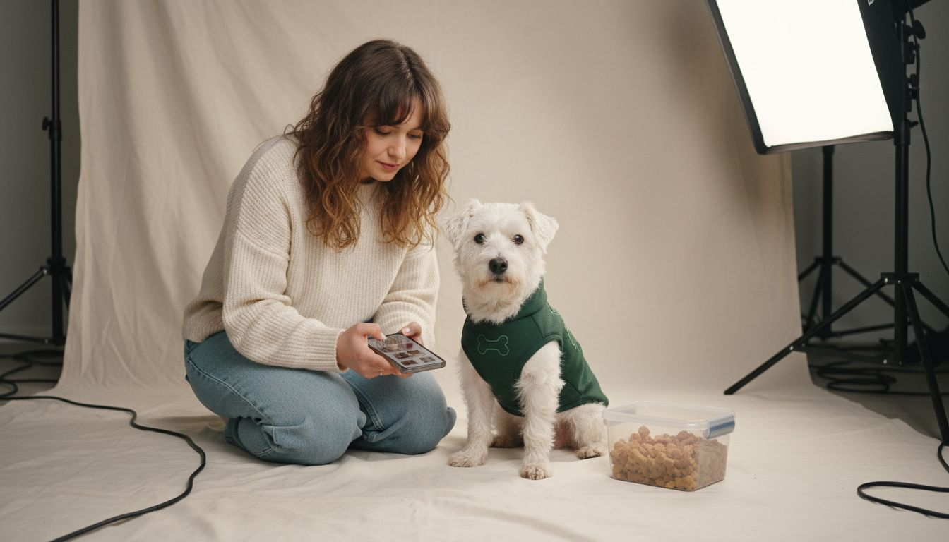 Ein Terrier posiert beim Fotoshooting in seiner individuell gestalteten Jacke.