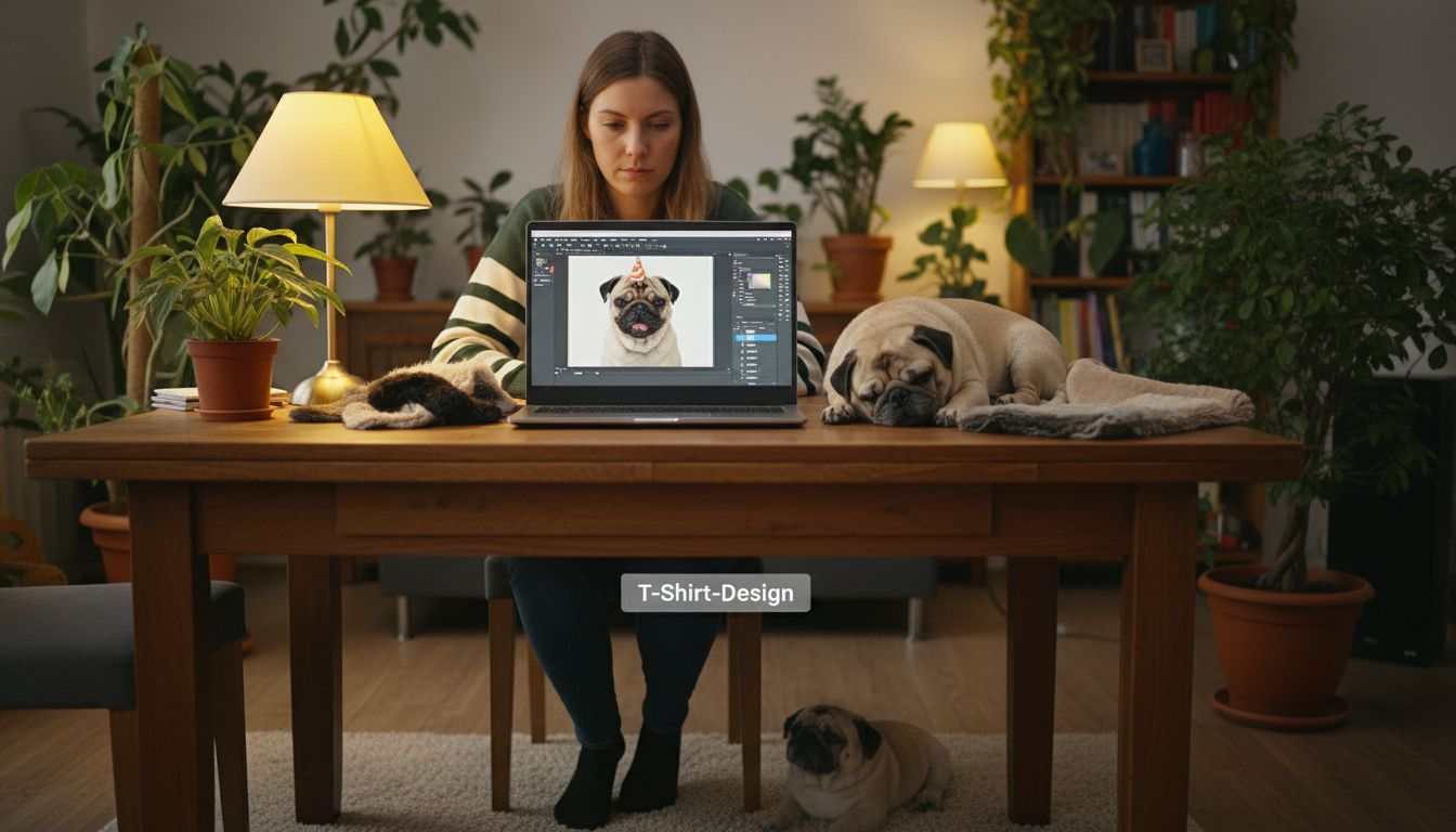 Eine Frau entwirft am Laptop ein T-Shirt mit dem Foto ihres Hundes.