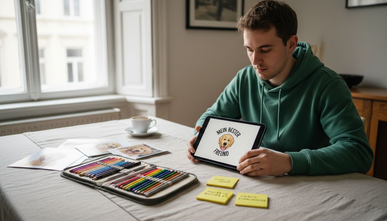 Mit dem Tablet entwirft jemand ein individuelles Hundeshirt und nutzt dabei eigene Fotos.