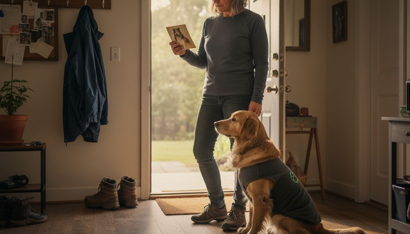 Eine Frau spaziert mit ihrem Hund und denkt dabei an ihren früheren Vierbeiner zurück.