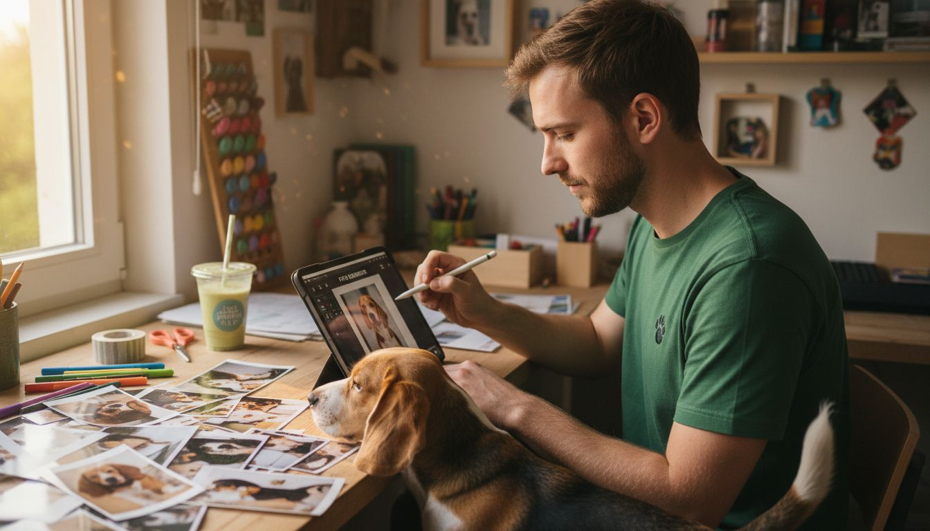 Ein Mann gestaltet ein persönliches Geschenk und wählt dafür ein Foto seines Hundes aus.