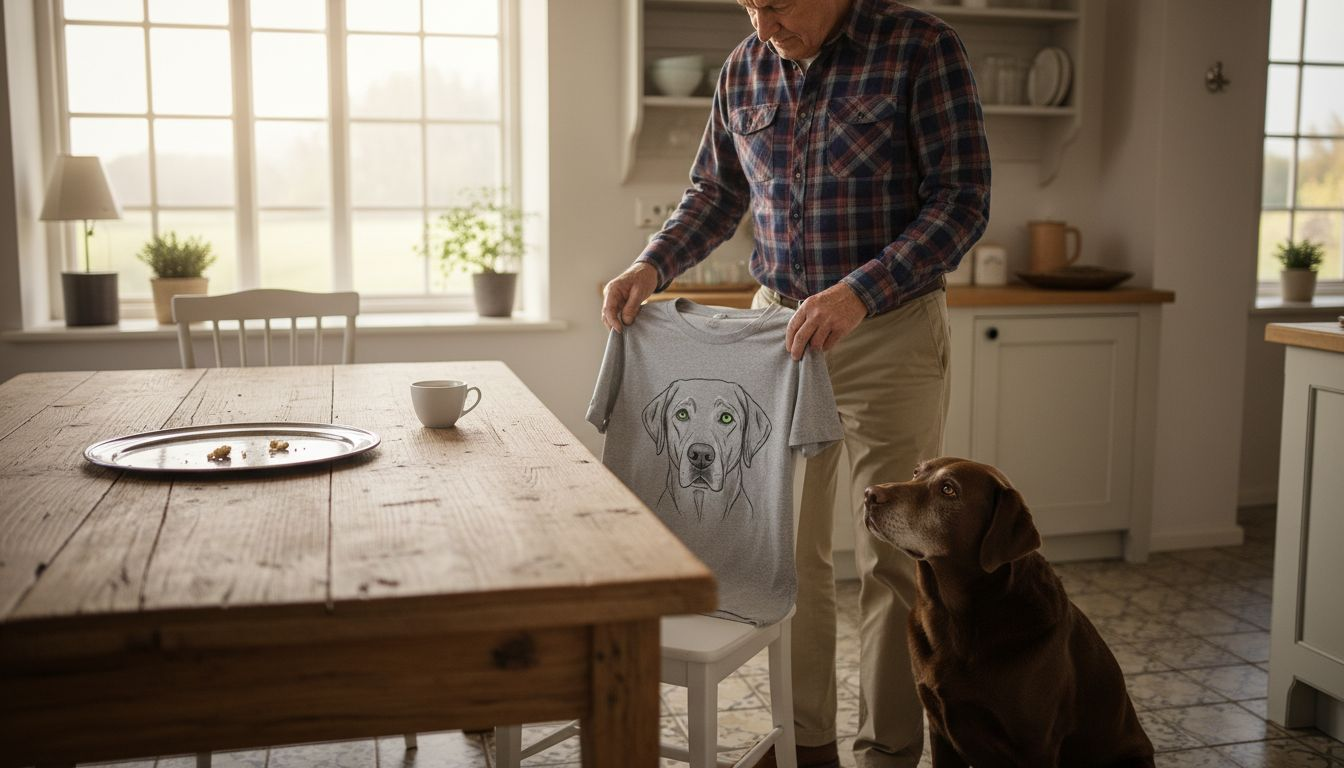 Ein Mann legt ein T-Shirt mit seinem Porträtmotiv neben seinen Hund.