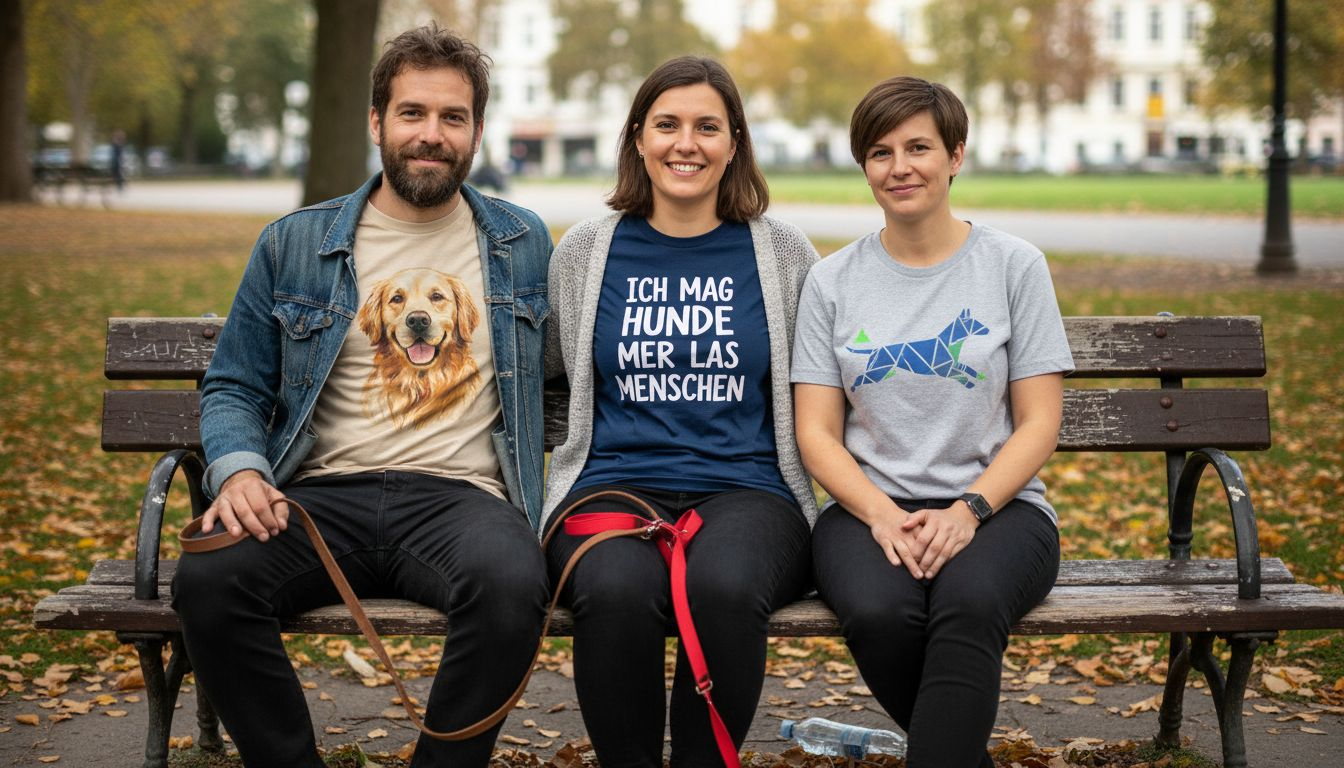 Drei Leute mit lustigen Hundeshirts sitzen zusammen auf einer Parkbank.