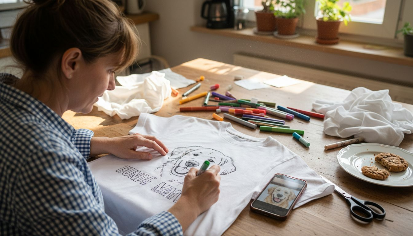 Eine Frau gestaltet zu Hause ihr persönliches 'Dog Mom'-Shirt ganz individuell.