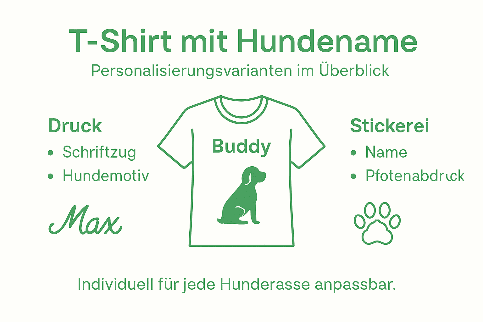 Die Infografik präsentiert verschiedene Möglichkeiten, wie T-Shirts individuell gestaltet werden können.