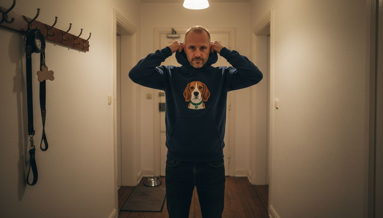 Ein Mann zieht einen Kapuzenpullover mit einem Hundemotiv an.