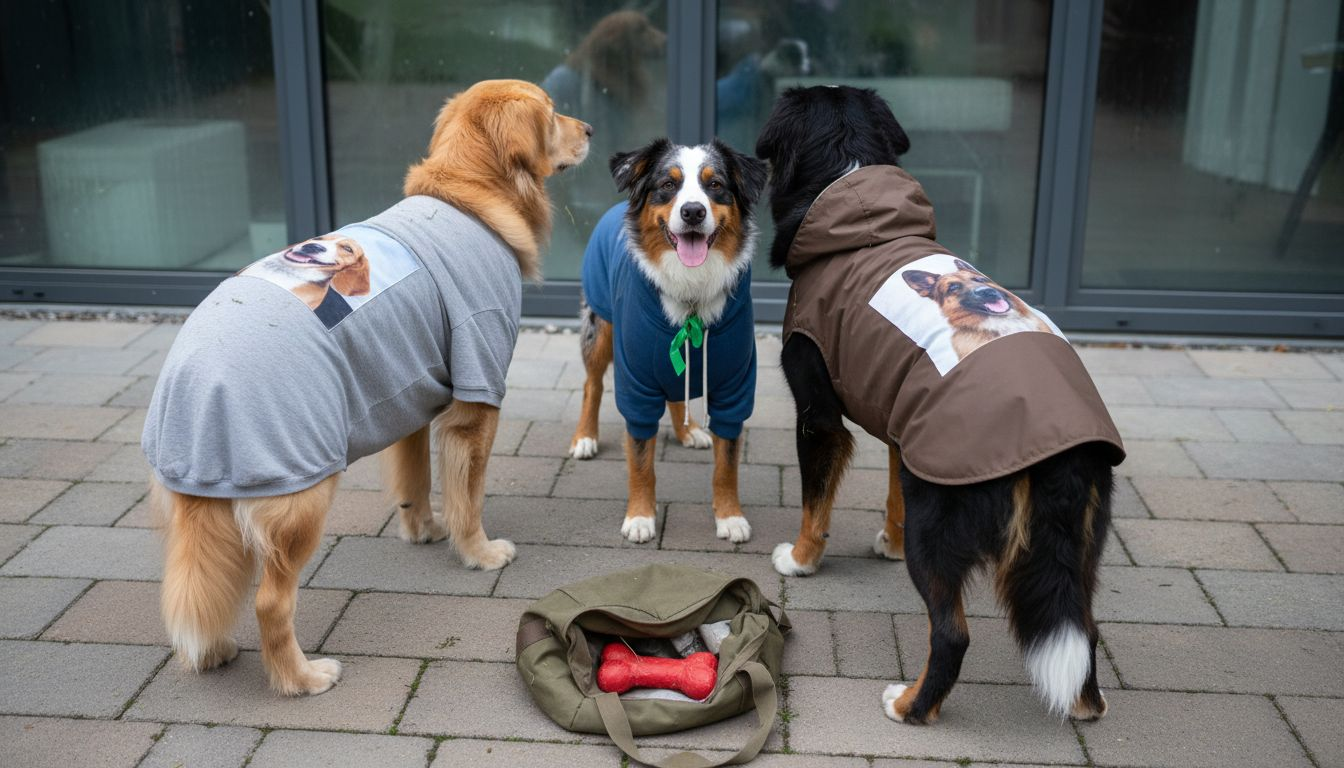 Drei Hunde tragen individuell gestaltete Outfits