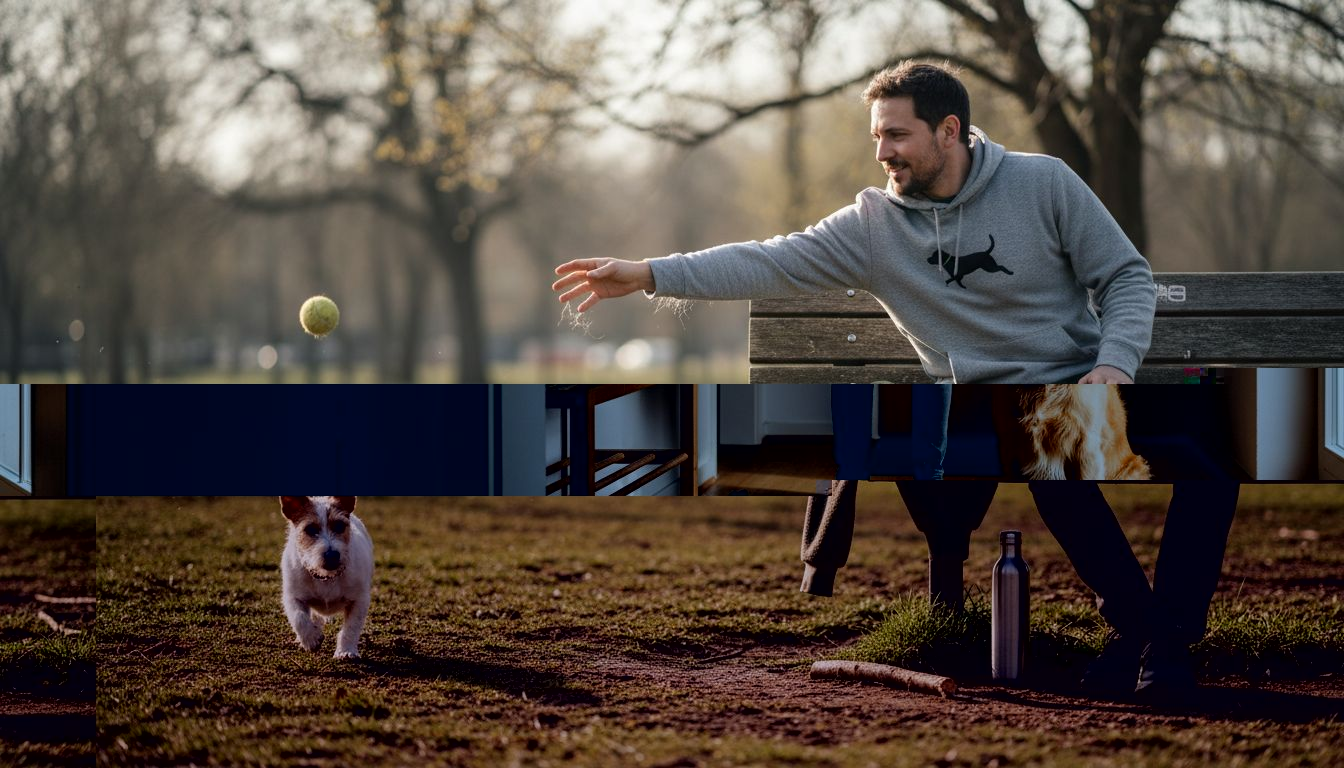 Ein Mann im Fleecepullover spielt mit seinem Hund im Park und wirft ihm immer wieder den Ball zum Apportieren.