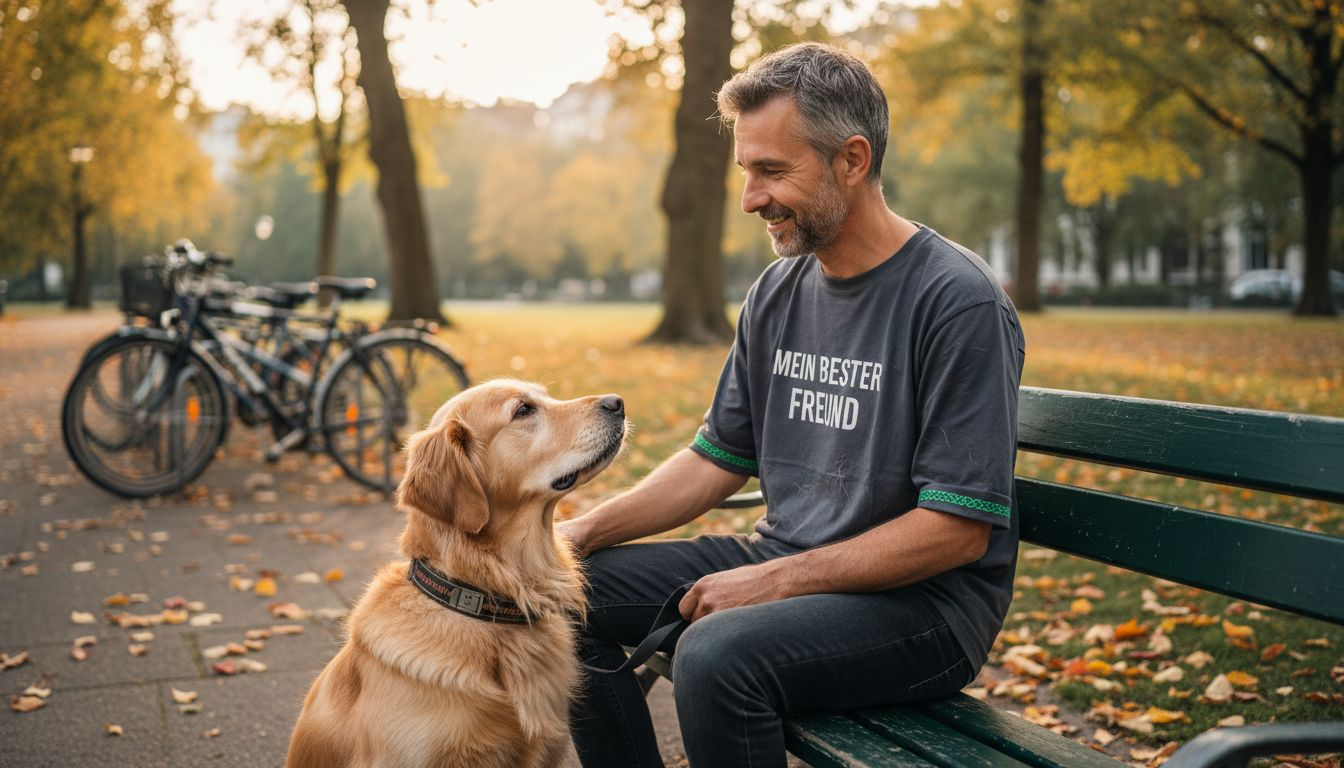 Ein Mann spaziert mit seinem Hund durch den Park und trägt dabei ein individuell gestaltetes T-Shirt.