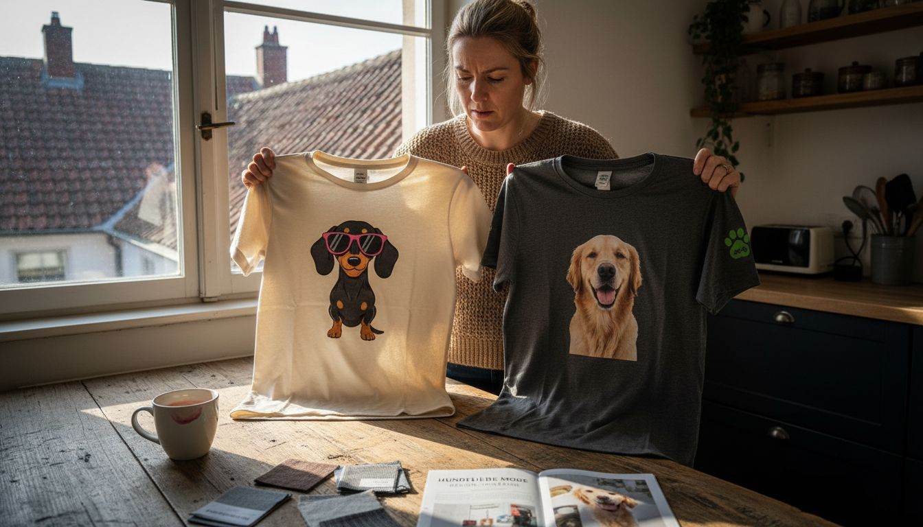 Eine Frau steht vor der Entscheidung, welches von zwei individuell gestalteten Hundeshirts sie auswählt.