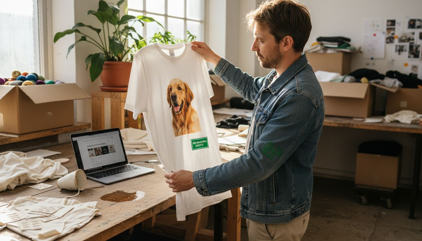 Im Atelier begutachtet ein Mann ein umweltfreundliches Hundeshirt.