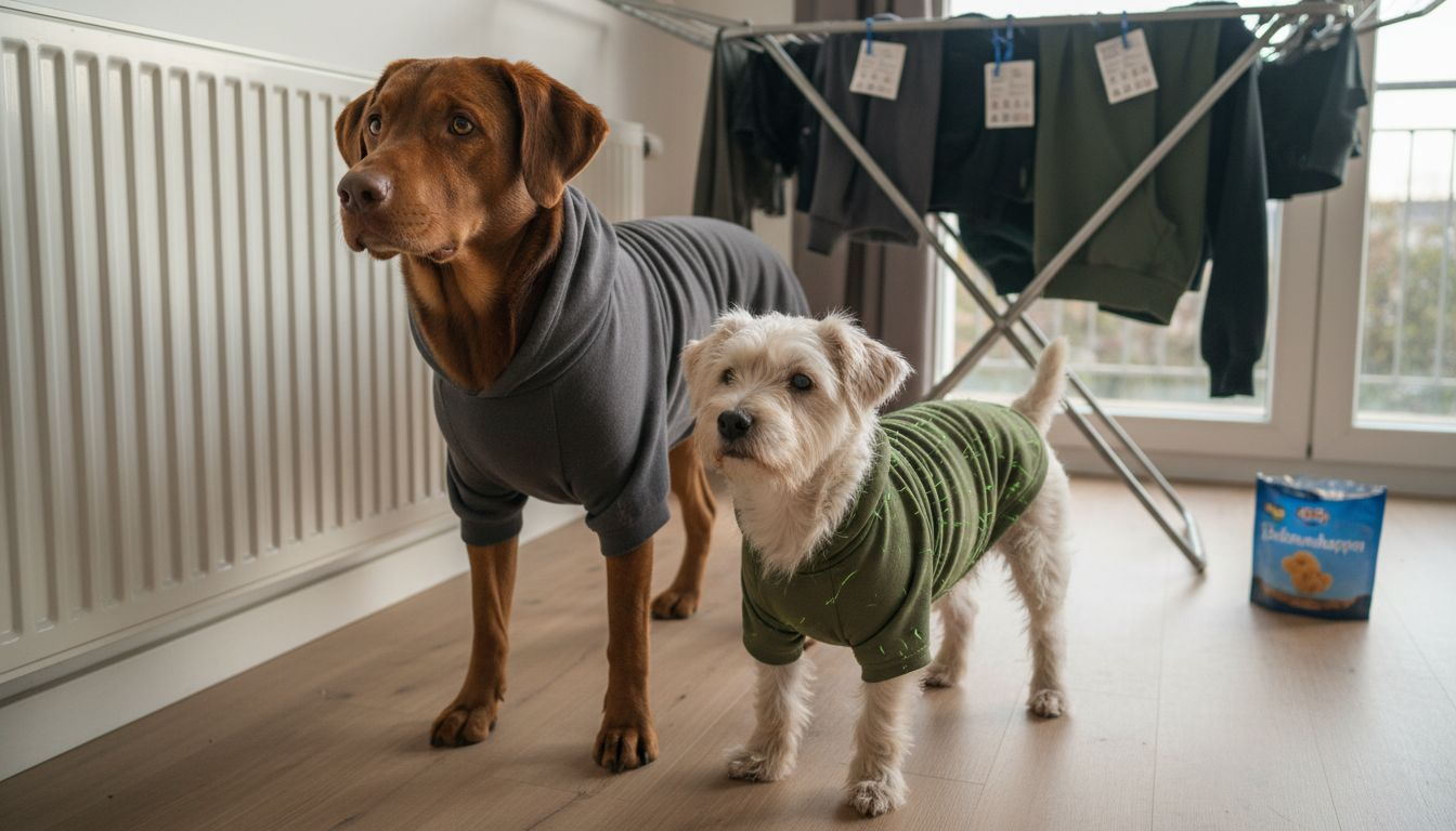 Zwei Hunde tragen gemütliche Hoodies – der eine aus Baumwolle, der andere aus Synthetik.