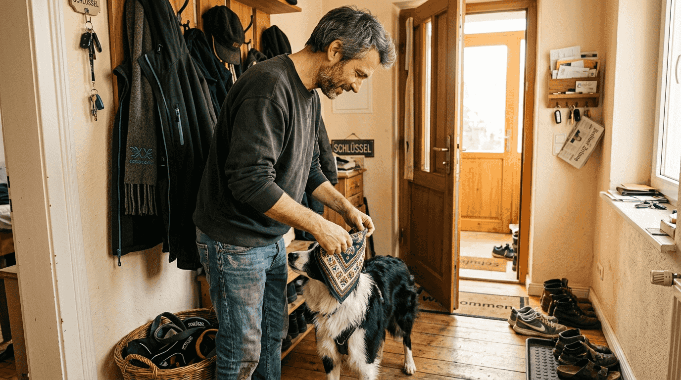 Dem Hund wird zuhause individuell angepasste Kleidung angezogen.