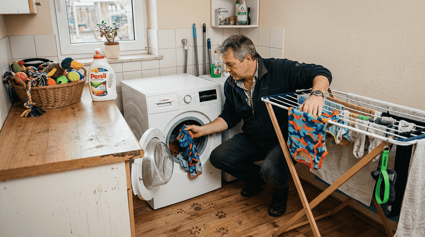 Ein Mann hängt ein bedrucktes Hundeshirt vorsichtig zum Trocknen auf.