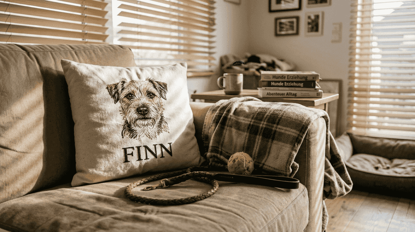 Ein personalisiertes Hundekissen liegt auf dem beigefarbenen Sofa und sorgt für eine gemütliche Wohlfühlatmosphäre.