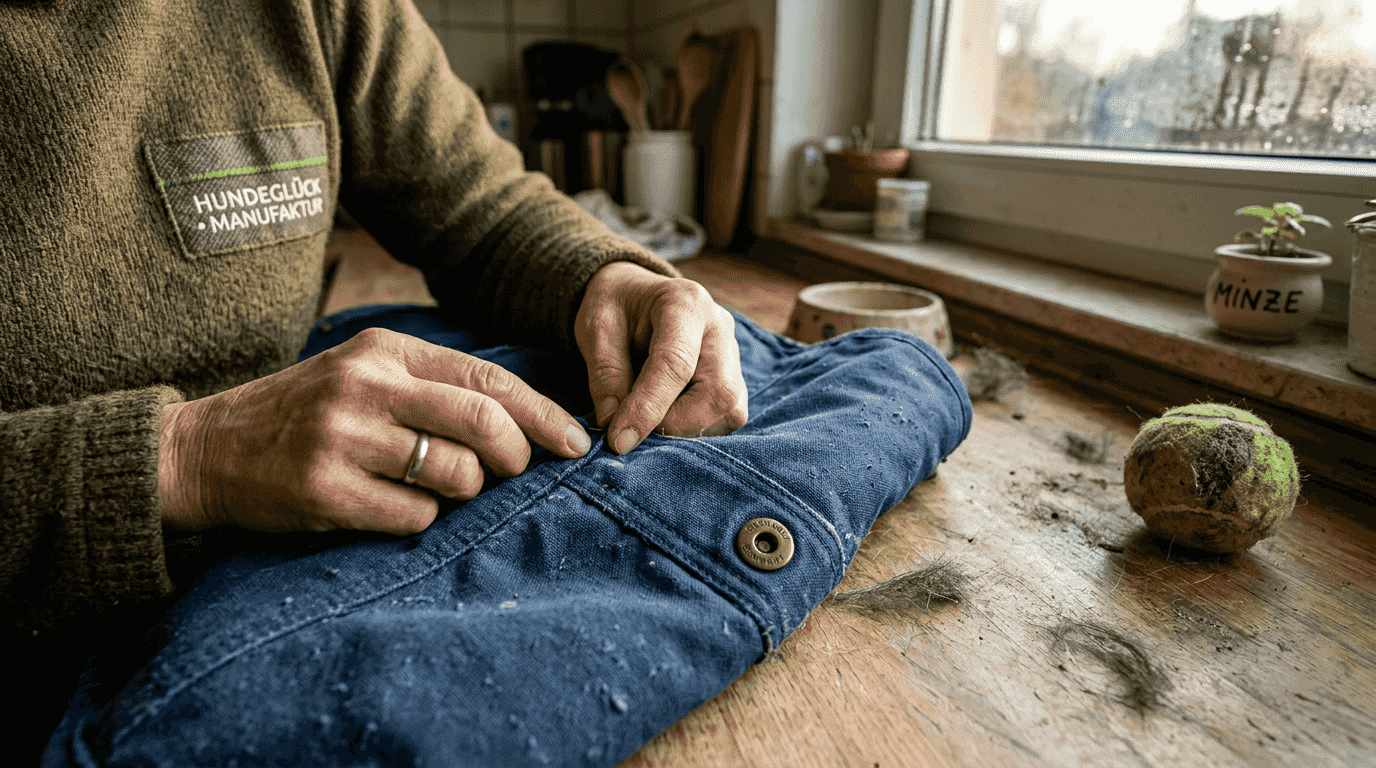 Detailaufnahme: Hände prüfen verschiedene Materialien für Hundemäntel.