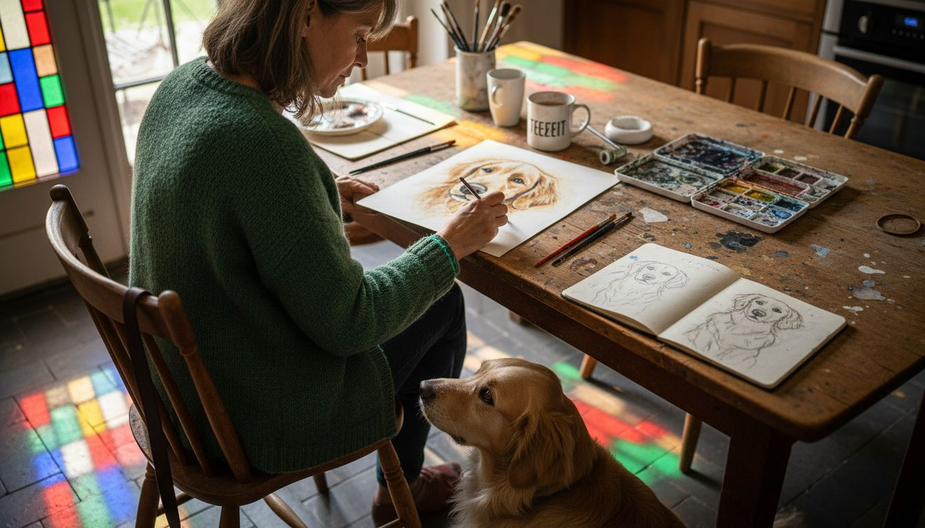 Eine Frau malt ein individuelles Hundefoto als Gemälde.
