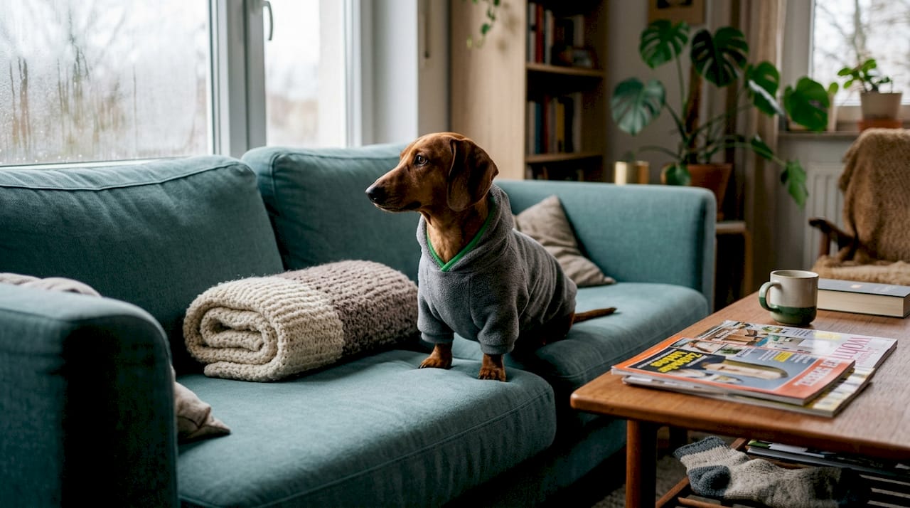 Ein Dackel im Hoodie macht es sich auf dem gemütlichen Sofa im Wohnzimmer bequem.