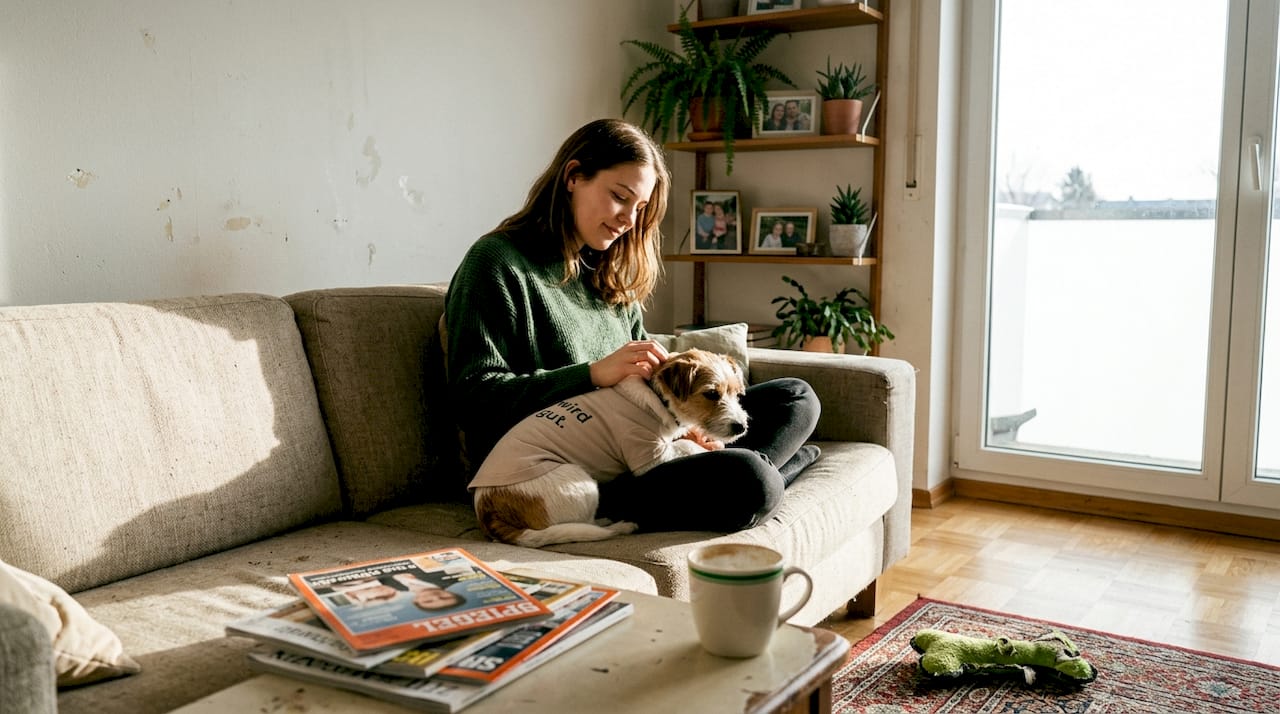 Eine Frau sitzt gemütlich auf dem Sofa und streichelt ihren Hund. Sie trägt dabei ein T-Shirt mit einem witzigen Spruch.