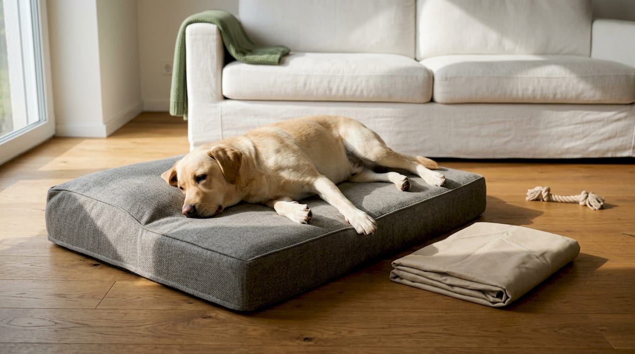 Ein Labrador nimmt das orthopädische Premium-Hundebett unter die Lupe
