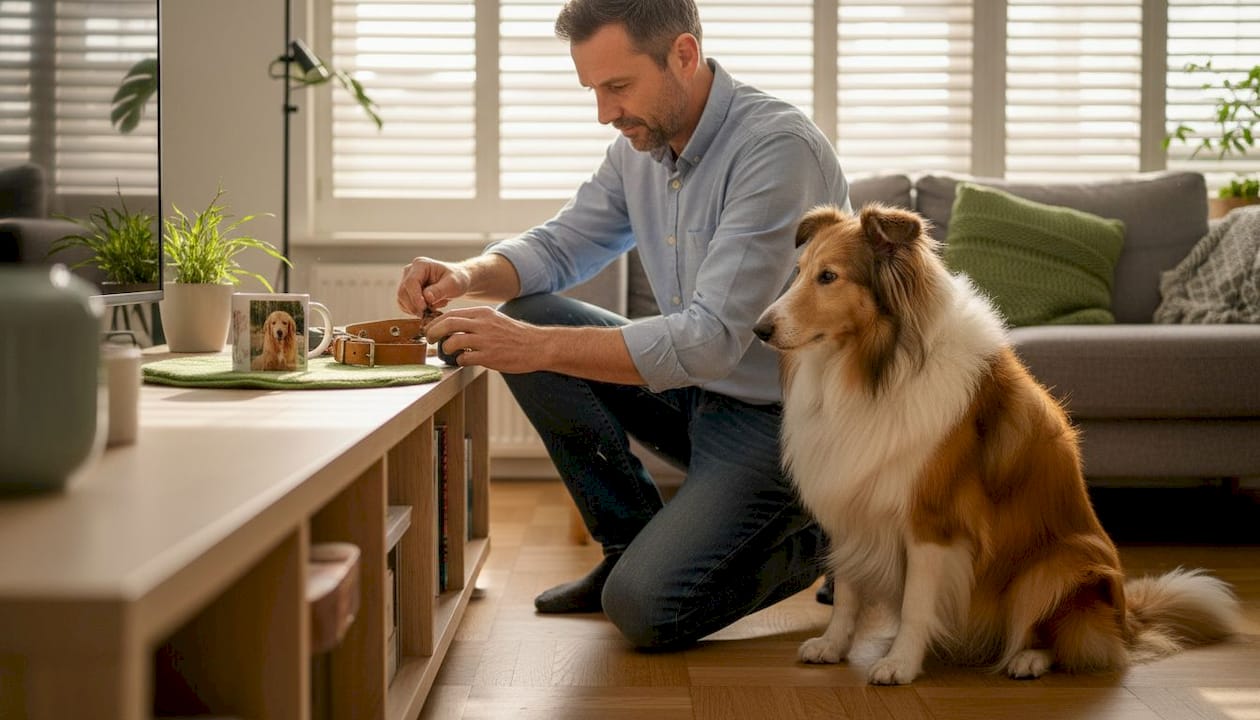 Ein Mann schaut sich individuell gestaltete Geschenke für Hunde an.