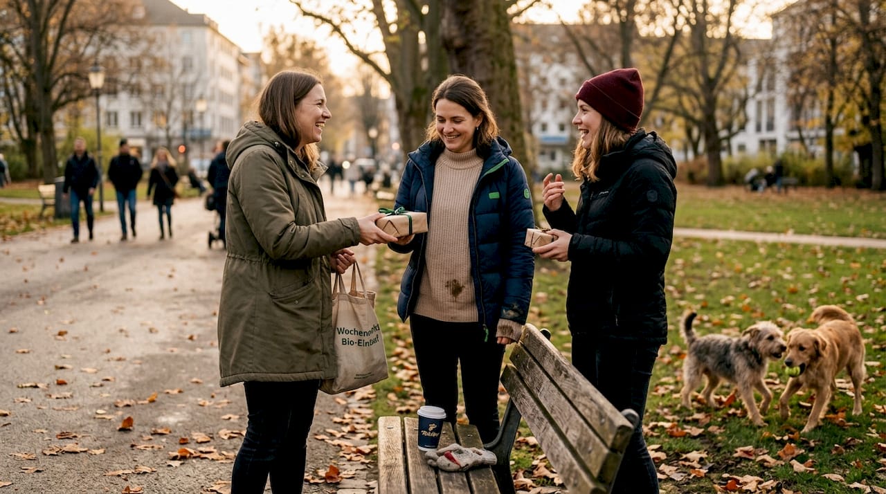 Im Park treffen sich Frauen mit ihren Hunden und tauschen kleine Geschenke aus.