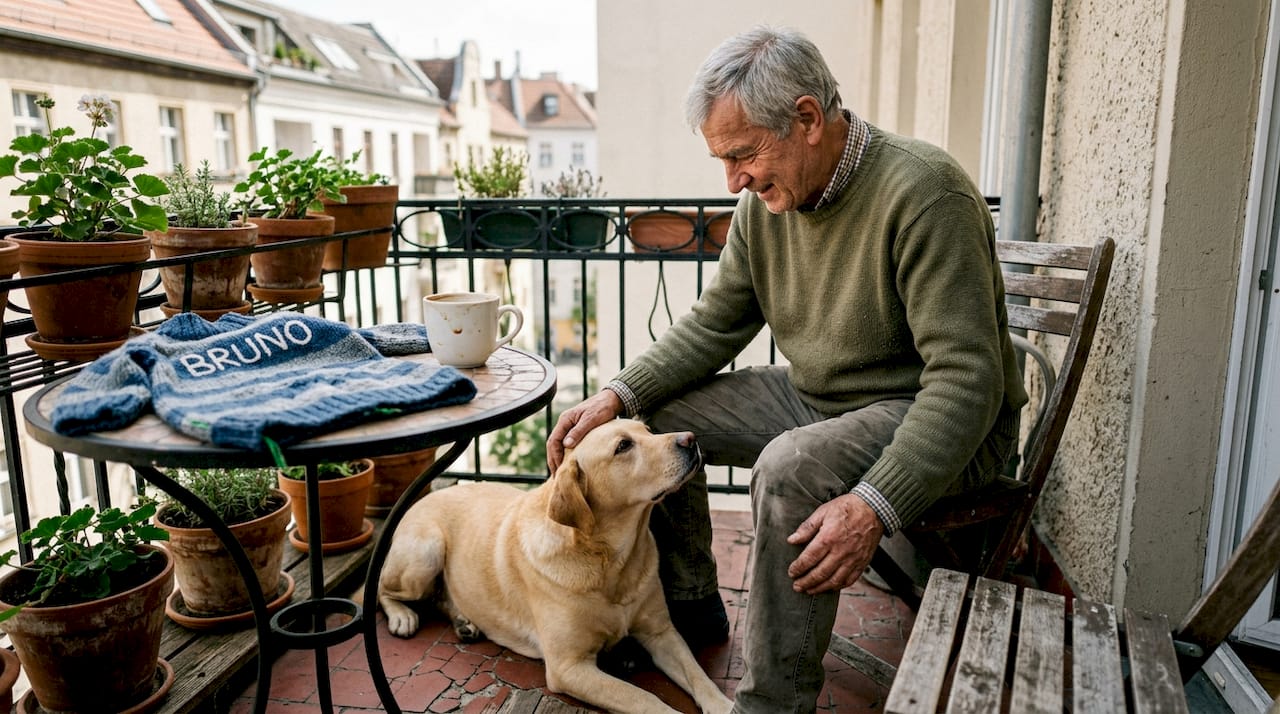 Individuell gestaltete Vintage-Hundejacke auf dem Balkon – mit Namensstickerei für deinen Vierbeiner.