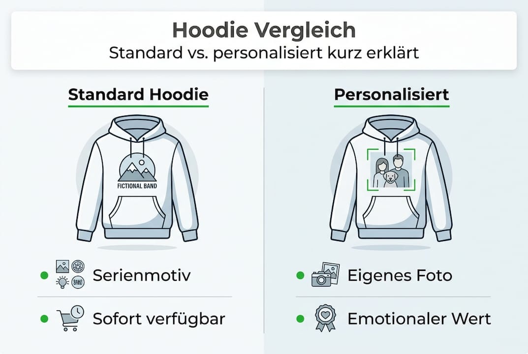 Infografik: Standard-Hoodie vs. individuell gestalteter Hoodie im Vergleich