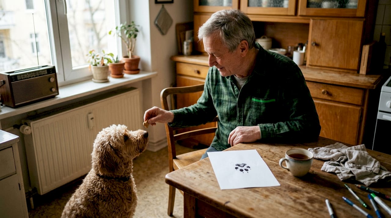 Nachdem der Hund seine Pfote auf das Stempelkissen gedrückt hat, bekommt er zur Belohnung ein Leckerli.