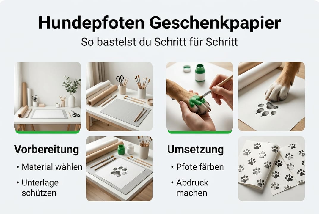 Schritt-für-Schritt-Anleitung: So gestalten Sie Geschenkpapier mit Hundepfoten – eine anschauliche Infografik