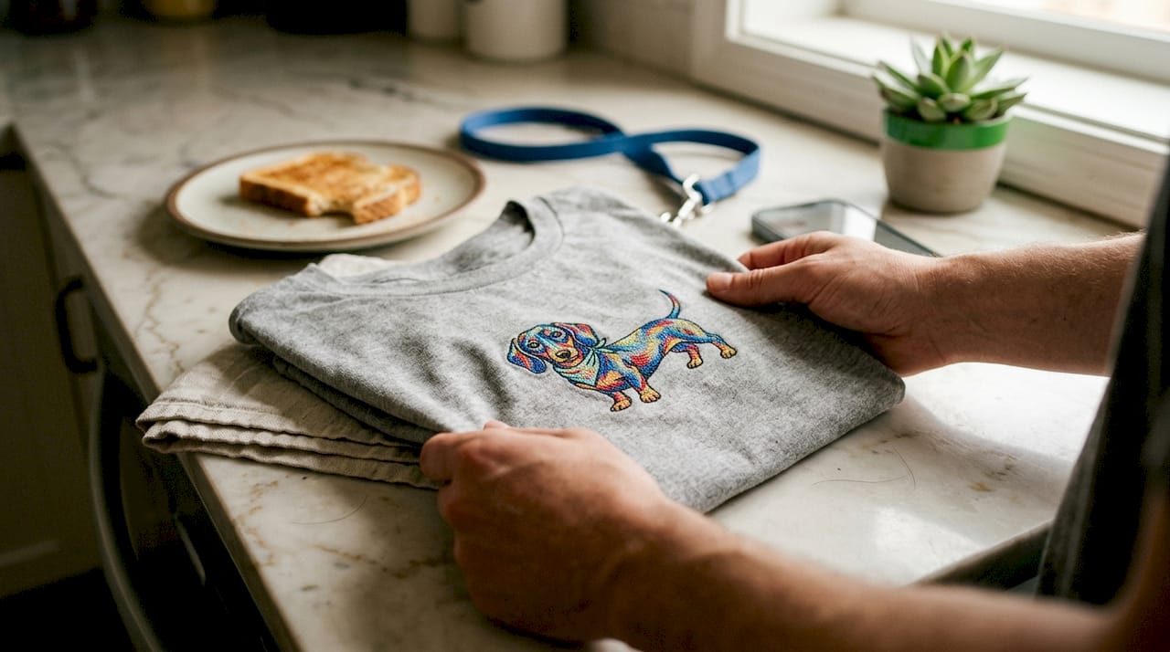 Mit beiden Händen wird ein T-Shirt mit einem Dackel-Motiv auf der Ladentheke präsentiert.