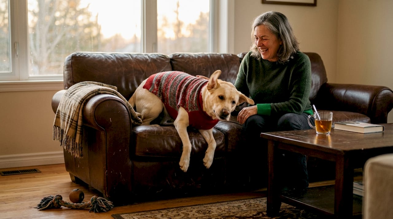 Hund kämpft sich daheim aus zu engem Pulli heraus