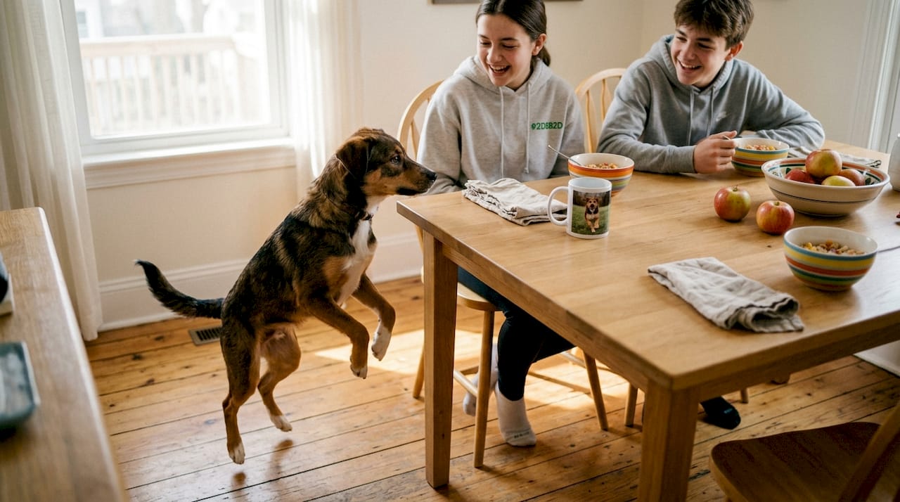 Beim gemütlichen Familienfrühstück hüpft unser Hund fröhlich neben dem Tisch herum.