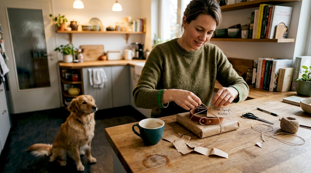 In der gemütlichen Küche wird ein Geschenk für den Hund liebevoll verpackt.