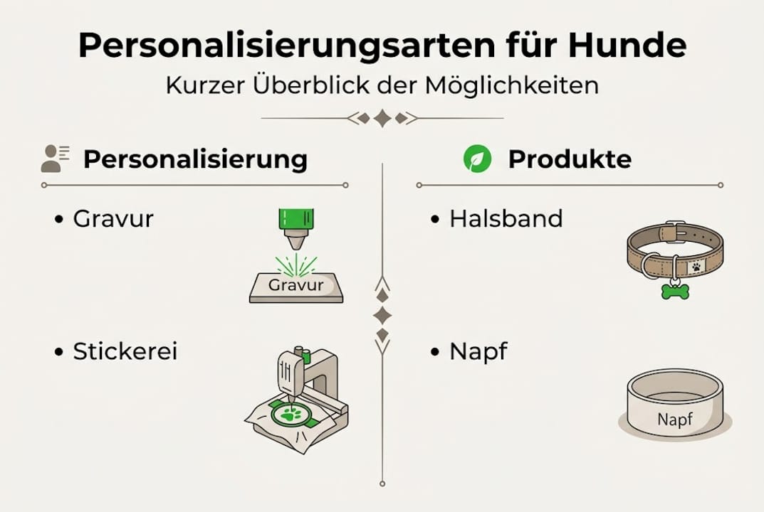 Infografik: Verschiedene Möglichkeiten zur Personalisierung von Hunden und passende Produkte im Überblick