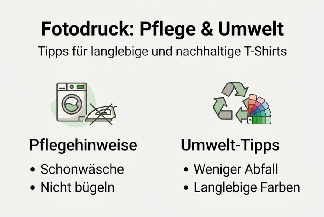Infografik: Tipps zur Pflege von Fotodrucken und Hinweise auf Umweltverträglichkeit