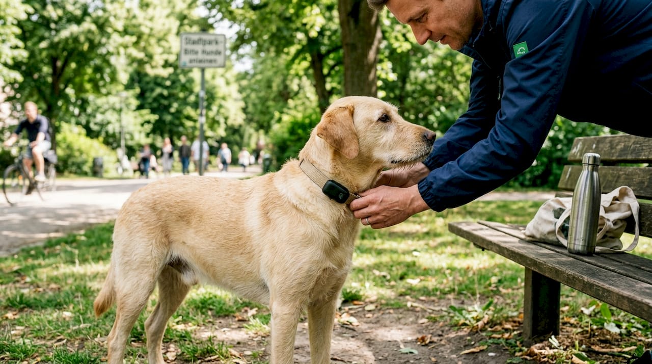 Ein Hund mit GPS-Halsband spaziert gemeinsam mit seinem Besitzer durch den Stadtpark.