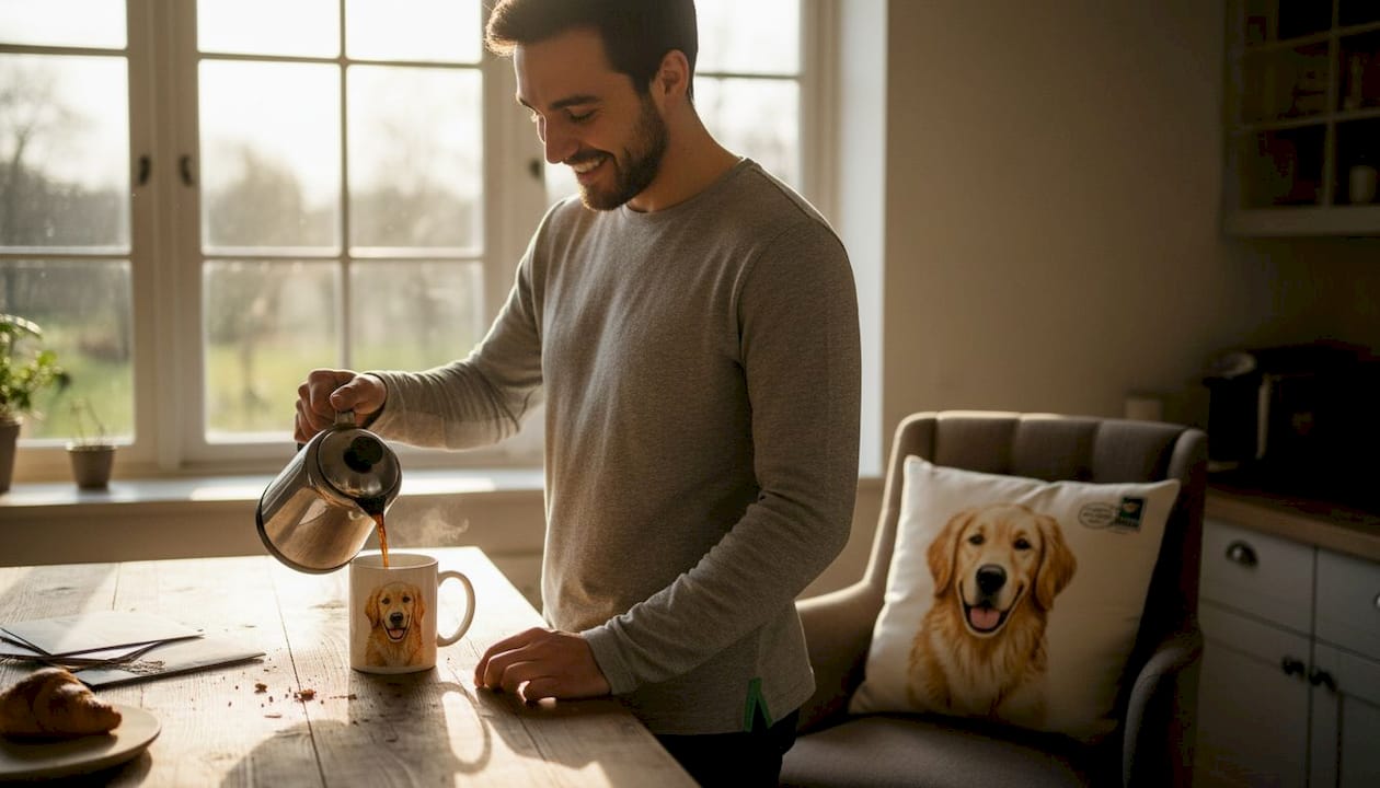 Ein Mann schenkt sich in der Küche Kaffee in eine personalisierte Tasse mit Hundemotiv ein.