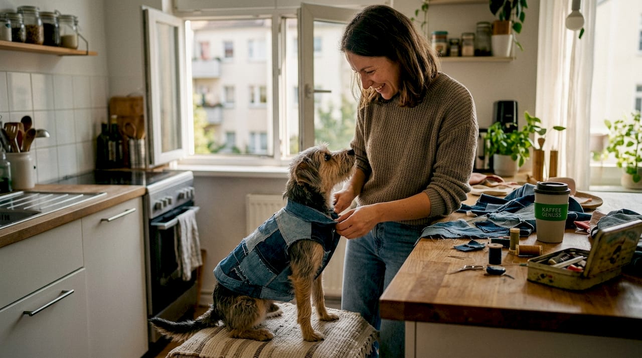 Eine Person probiert ihrem Hund eine Jacke aus recycelten Materialien an.