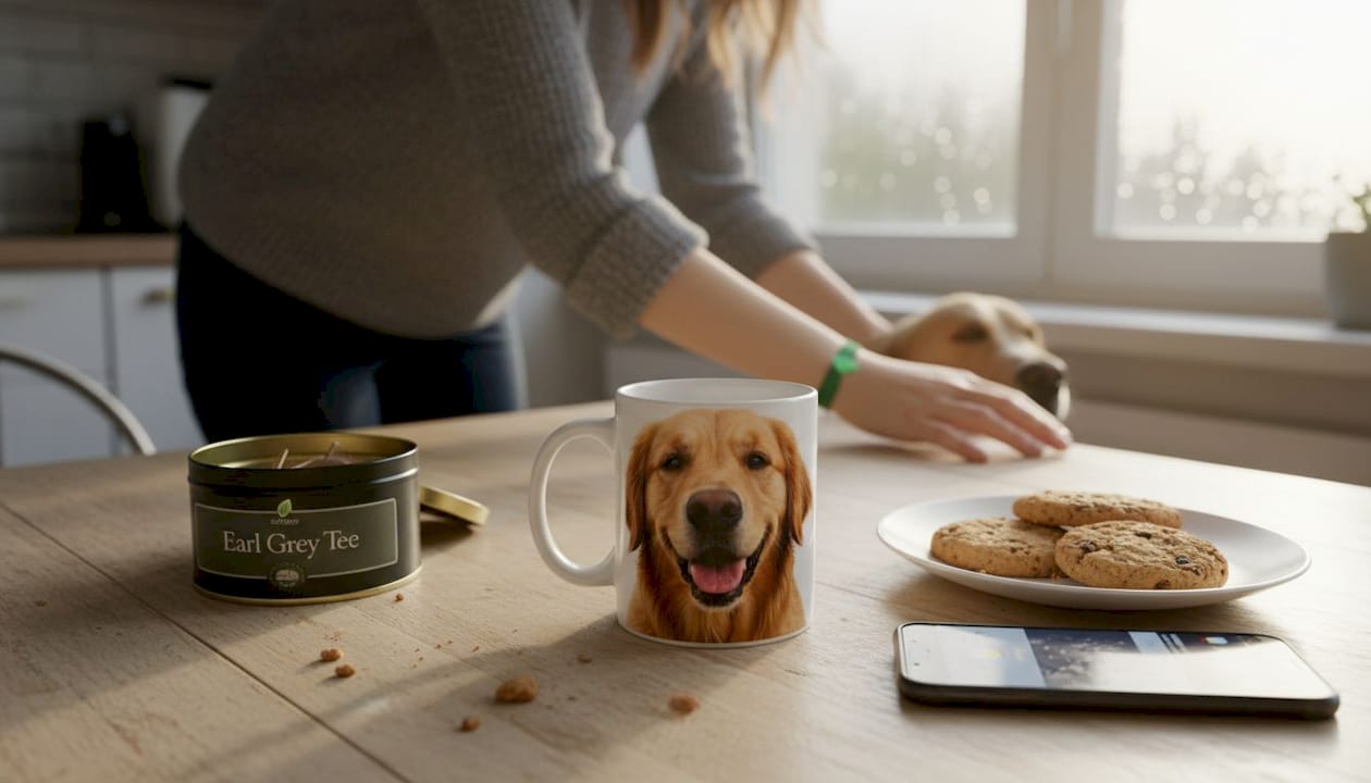 Auf dem Küchentisch steht eine Tasse, auf der das Lieblingsfoto meines Hundes zu sehen ist – ein echter Blickfang beim Frühstück.