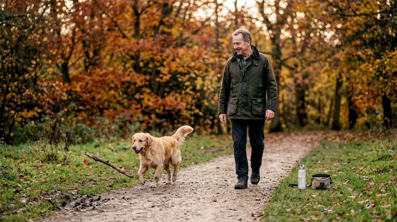 Ein Mann genießt einen entspannten Spaziergang mit seinem Hund durch den Park.