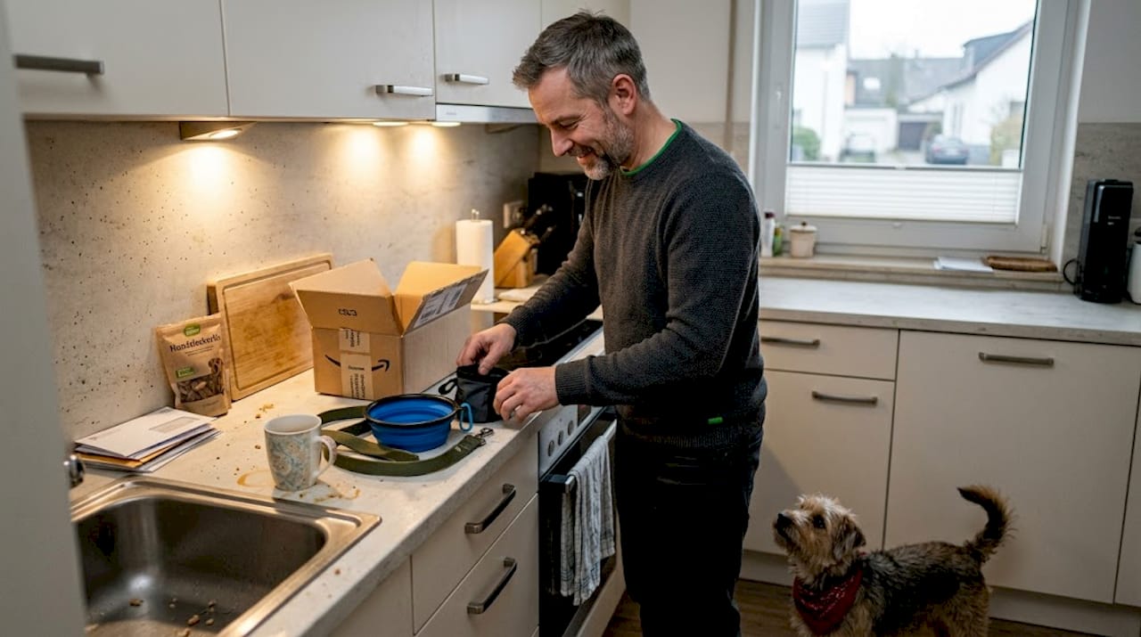 Ein Mann verteilt praktische Geschenke für seinen Hund in der Küche.