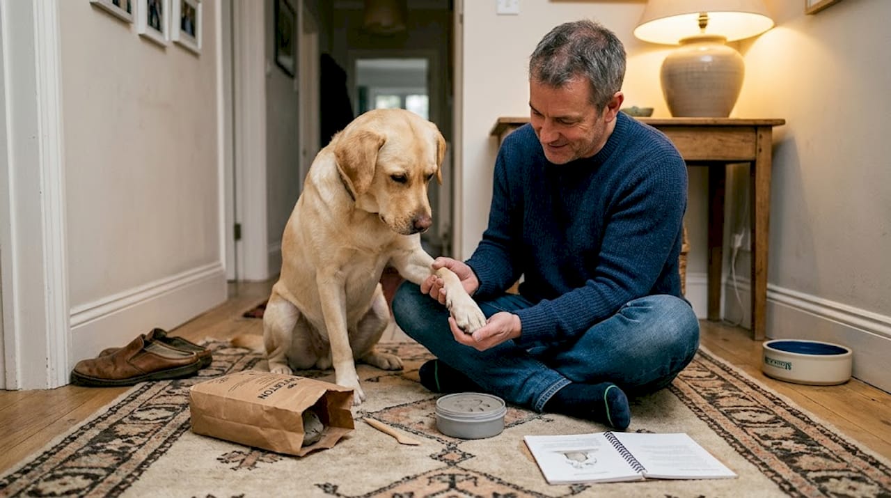 Die Pfote des Hundes wird behutsam in den Ton gedrückt.