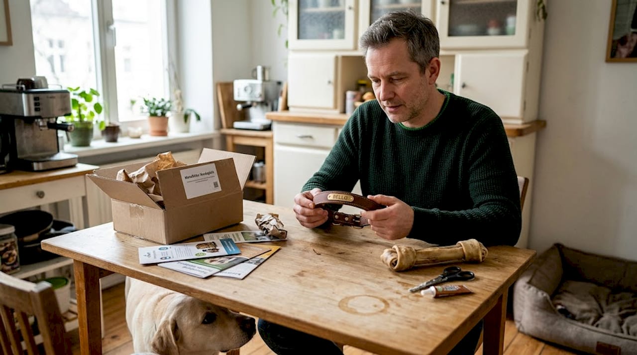 Ein Mann begutachtet am Küchentisch ein Geschenk für seinen Hund und prüft, ob es wirklich geeignet ist.